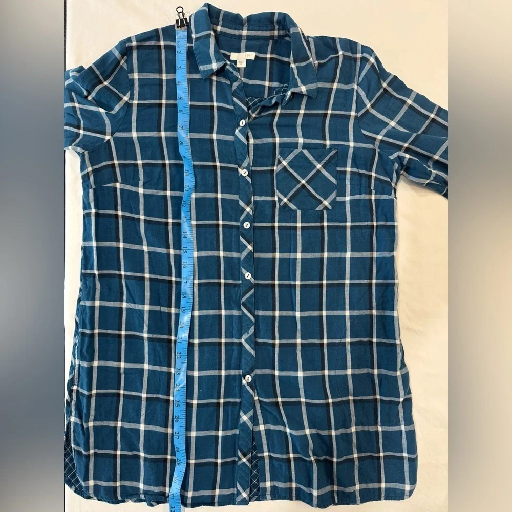 J Jill 100% Cotton Tunic Button Down Blue Plaid Flannel Feel Pockets - Picture 6 of 12
